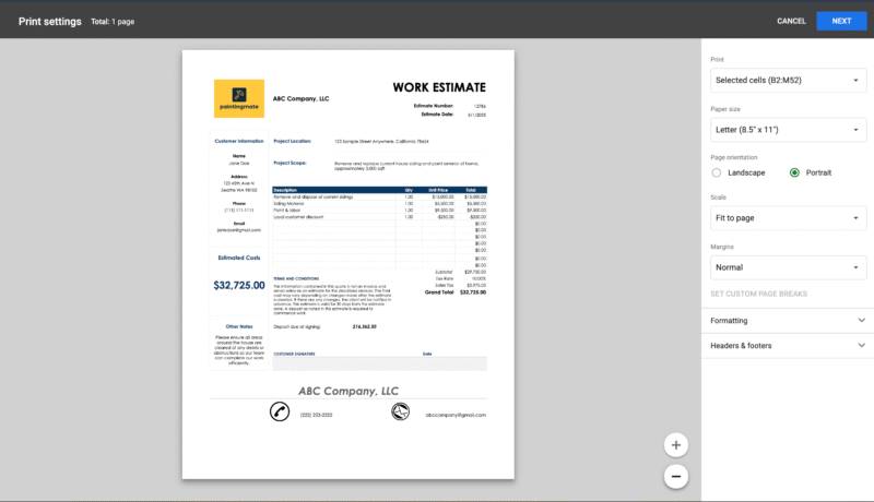 The work estimate in the print settings window, ready to print on one page.